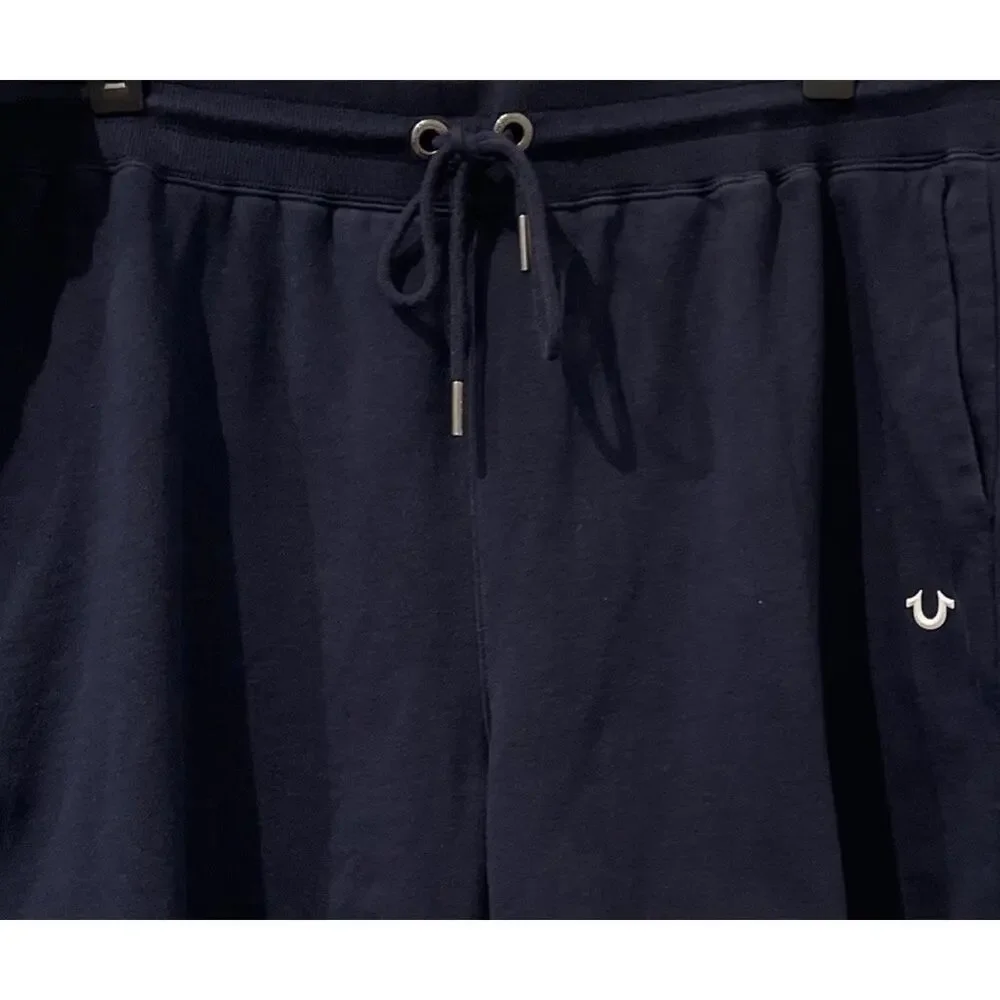 True Religion Sweat Shorts Mens Sz 3X Navy Elastic Waist Pockets Logo